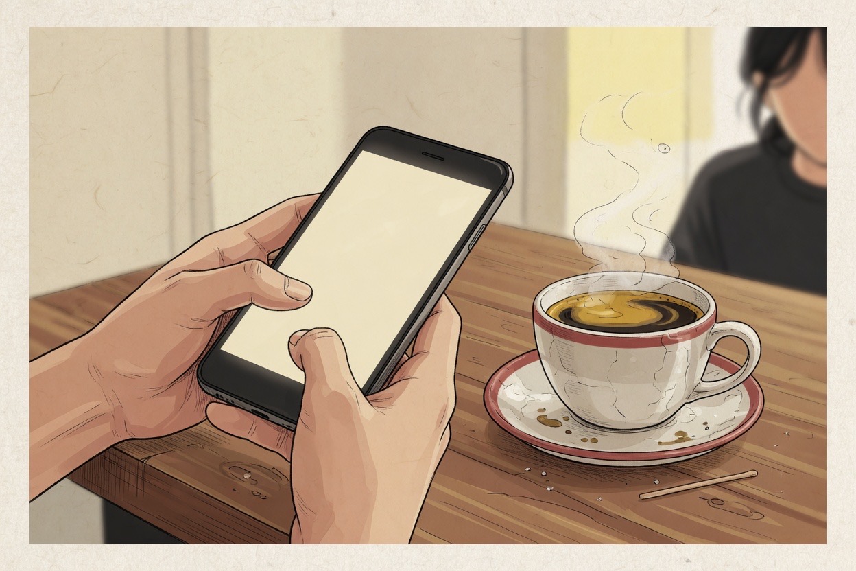 Close view of Korean adult hands holding a phone on a cafe table beside a coffee cup, typing a birthday message