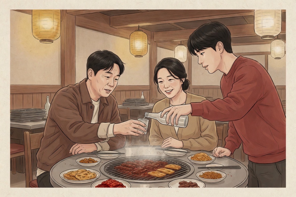 At a Korean restaurant table, a man in his twenties reaches for the soju bottle to pour for a man in his fifties before being asked, while banchan dishes fill the table