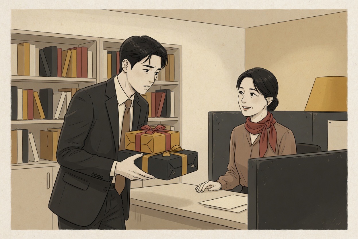In a Korean office, a man in his thirties hesitates between two gift boxes while reading the face of a woman in her forties receiving the gift