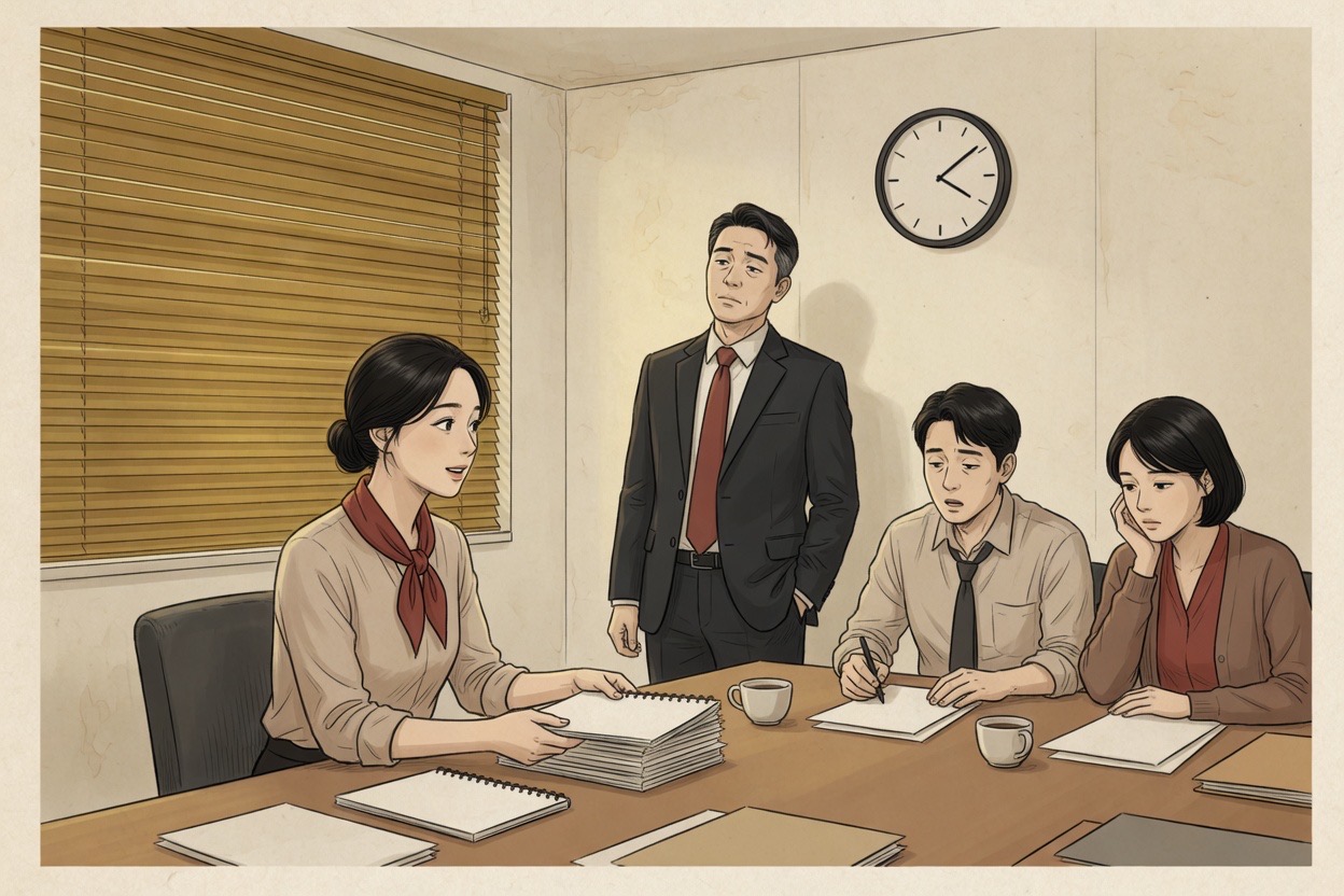 In a Korean meeting room, a woman in her twenties notices her manager check the clock and begins wrapping up while others still look at papers