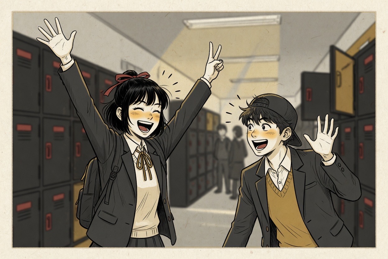 Two teenage friends spotting each other across a school hallway, one waving big with a huge grin