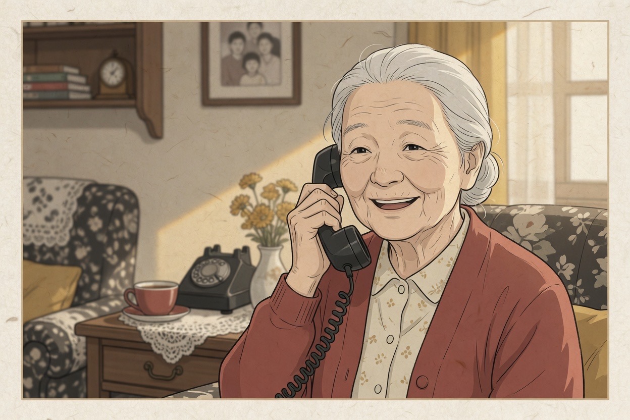 A grandmother on an old landline phone saying hello in a warm living room, gentle smile