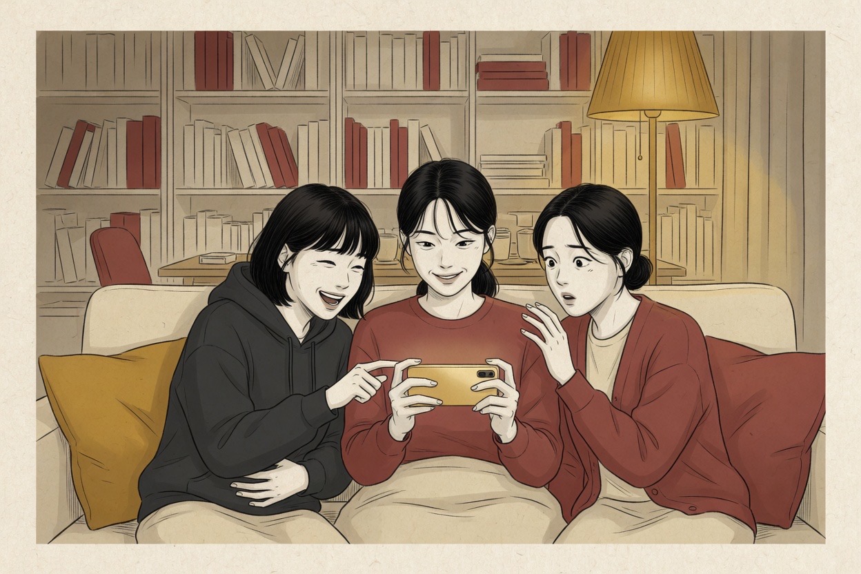 Three Korean friends in their twenties on a sofa, two reacting to a phone one is holding up, expressions ranging from amused to appalled
