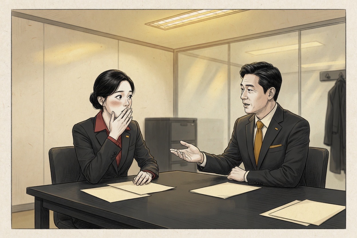 A Korean office worker in their late twenties catches themselves mid-reaction in a meeting, hand half-raised to their mouth, while an older manager in their forties talks