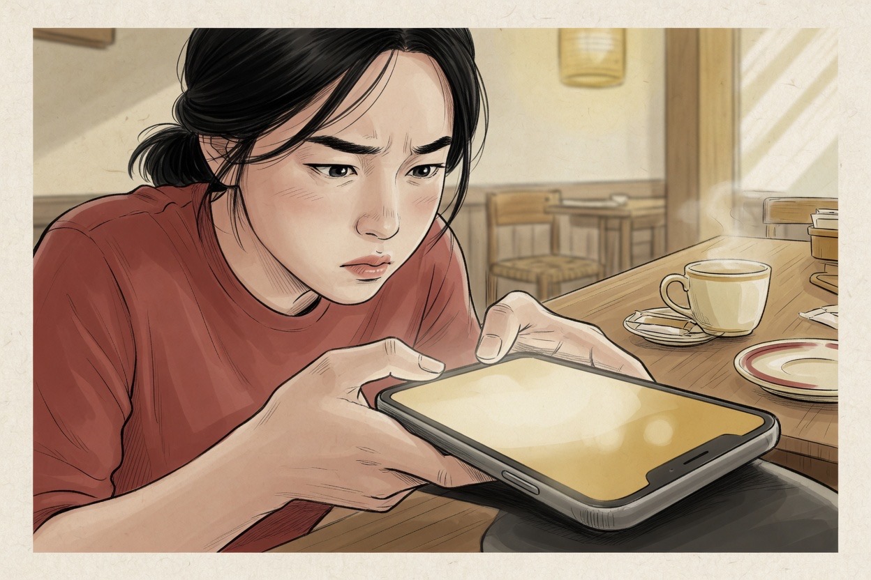 Close view of a Korean person in their twenties typing fast with both thumbs at a café table, phone screen a blank abstract glow with no text