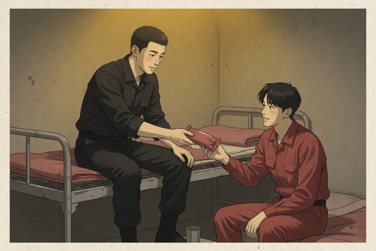 Two young men in plain military-style fatigues sitting on a bunk; the older one hands over a snack in quiet barracks camaraderie