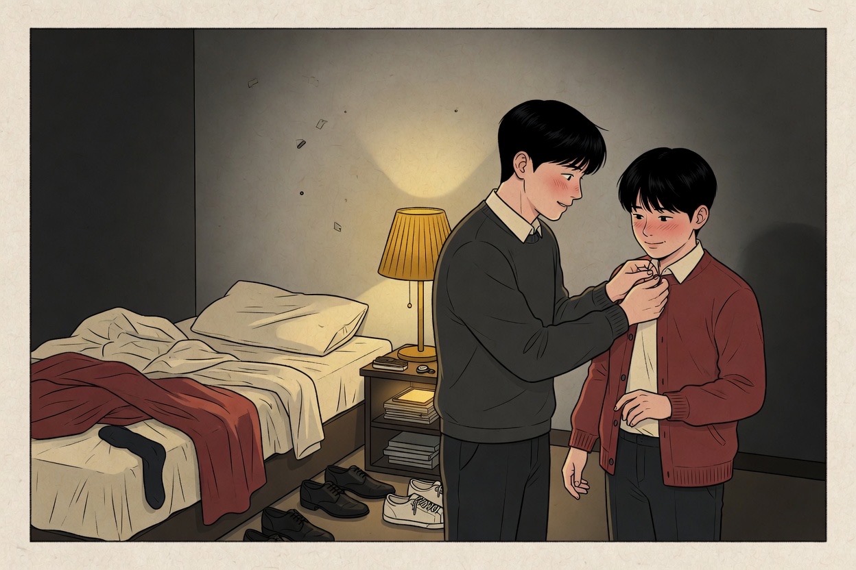 Two brothers in a cramped bedroom; the older one fixes the younger one’s collar before he leaves, both slightly embarrassed by the tenderness