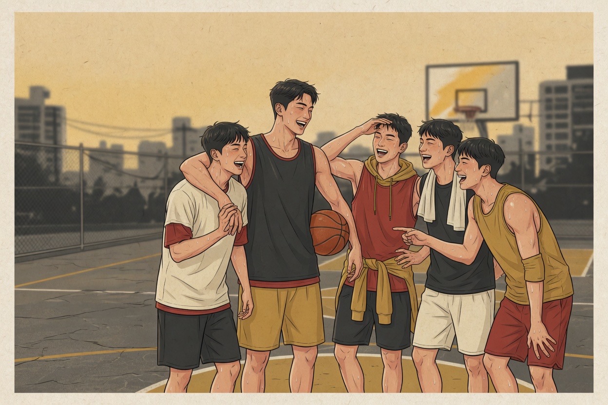 Five young men after basketball; the tallest older one drapes an arm around a younger one’s shoulders while the others laugh