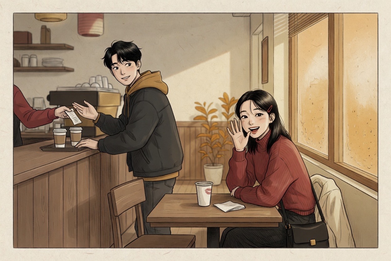 A Korean couple in their twenties at a cafe; one sits by the window calling to the other who is ordering at the counter