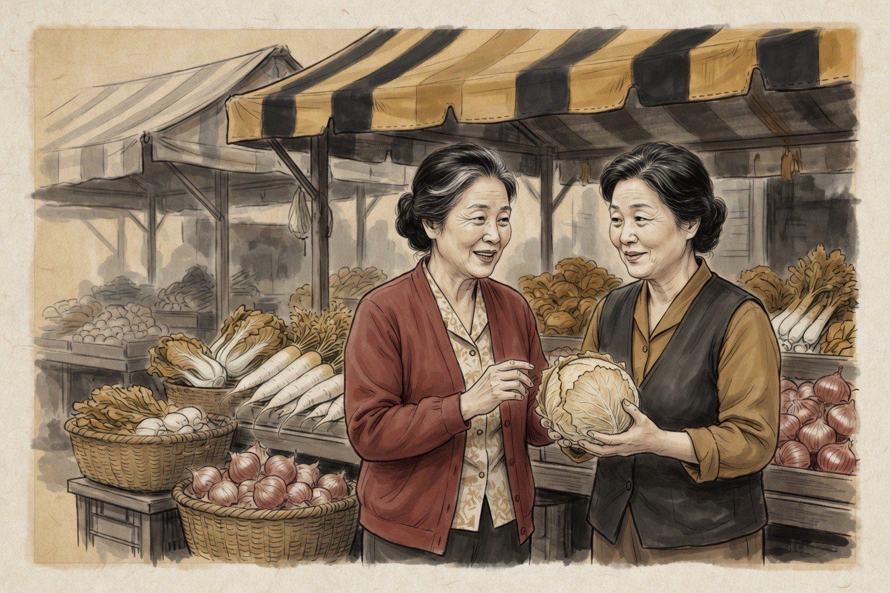 Two Korean women in their fifties at a market stall inspecting vegetables while calling to each other with warm familiarity