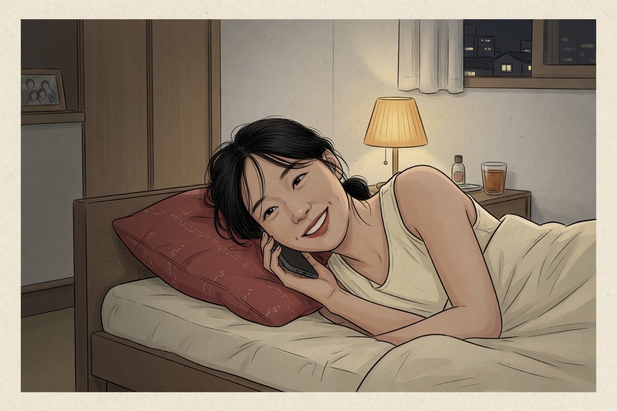 A young Korean woman in her twenties lying on a bed at night, smiling while talking on her phone