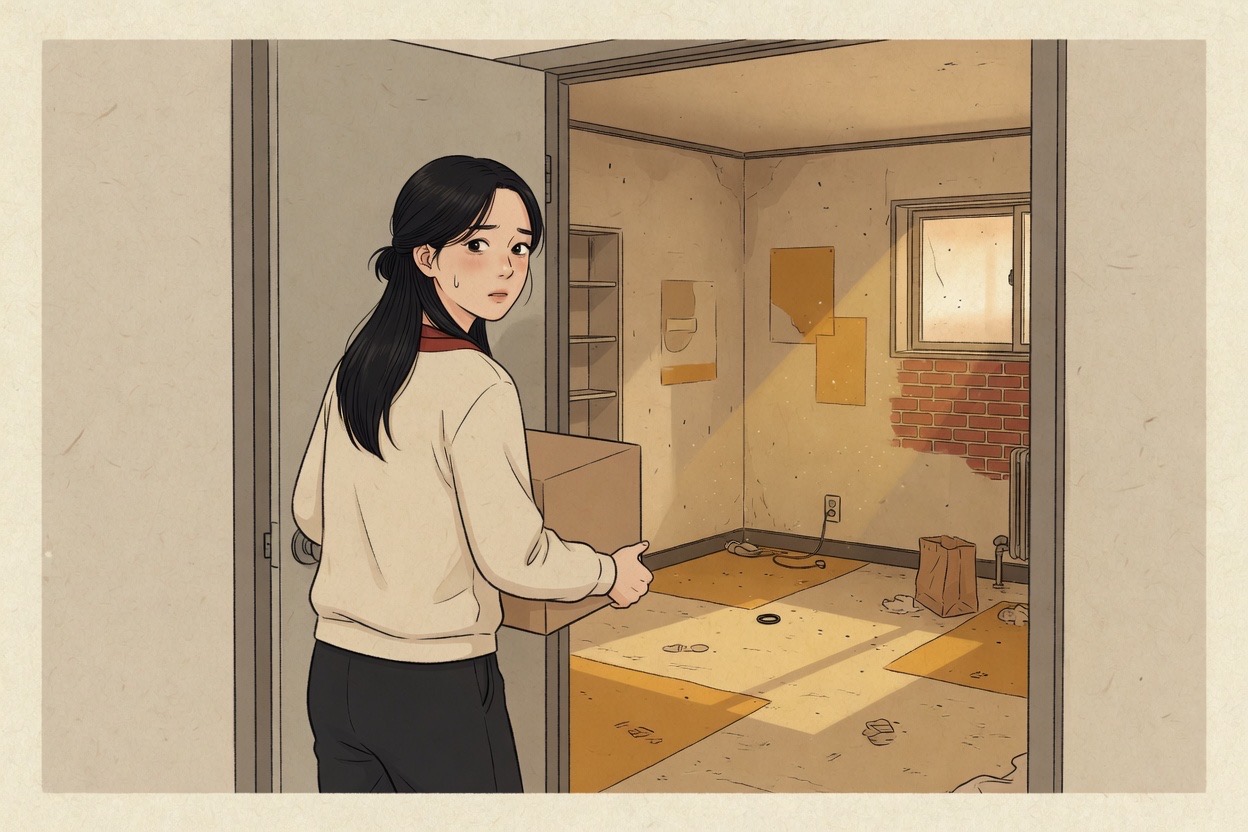 A young Korean woman in her twenties stands at the doorway of an emptied one-room apartment holding a box, looking back into the bare room