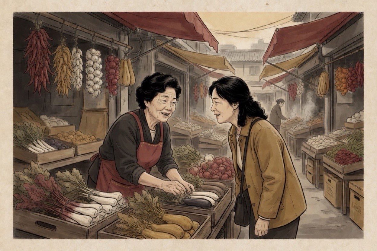 In a Korean traditional market alley, a vendor in her sixties and a regular customer in her forties talk mid-conversation over a pile of produce