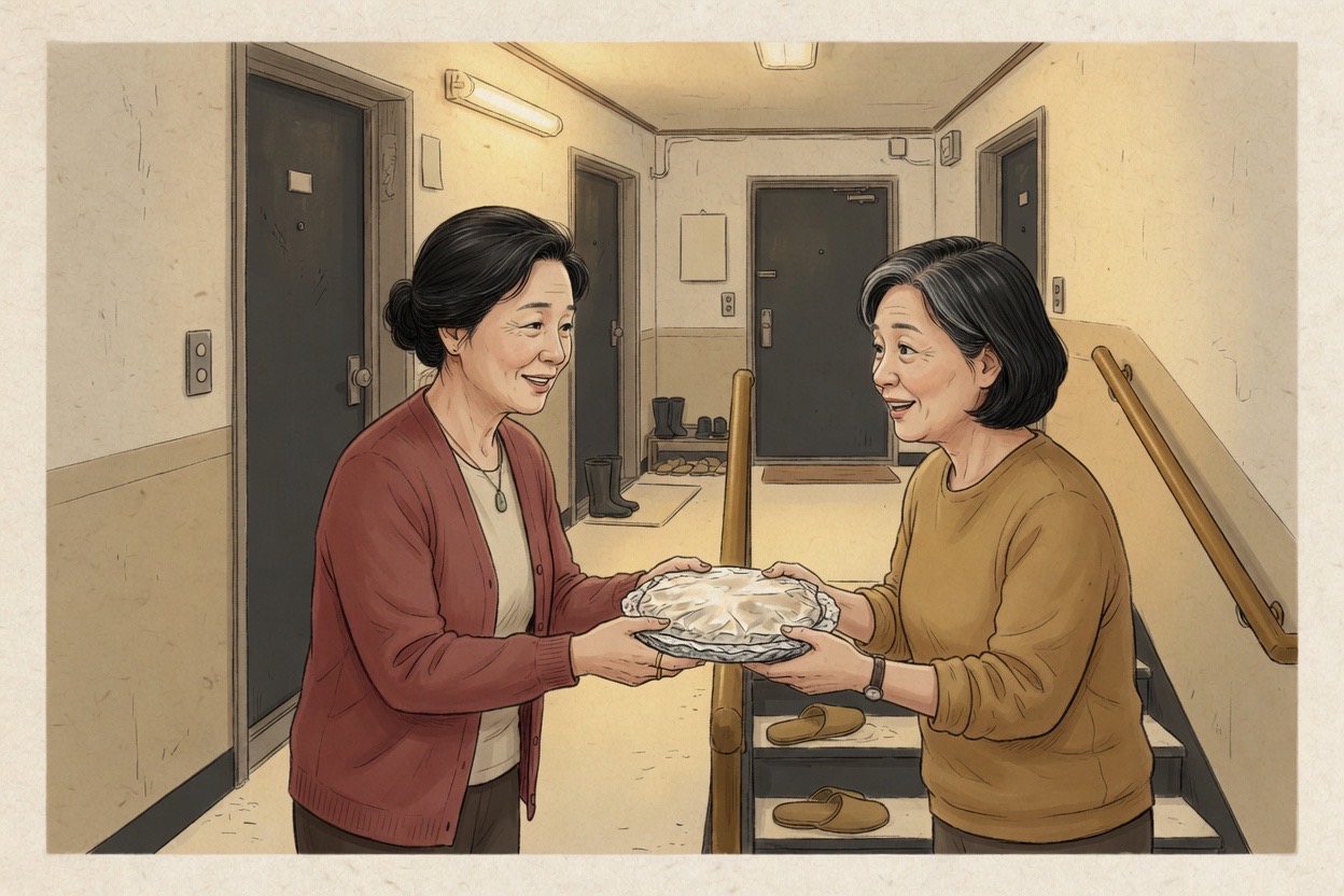 Two Korean neighbours in their fifties stand on an apartment landing while one hands over a plate carefully covered with foil