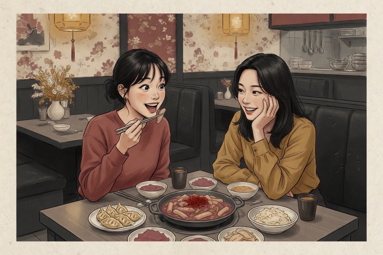 Two Korean women in their twenties at a Korean restaurant table; one is wide-eyed after a first bite while the other watches with a knowing smile