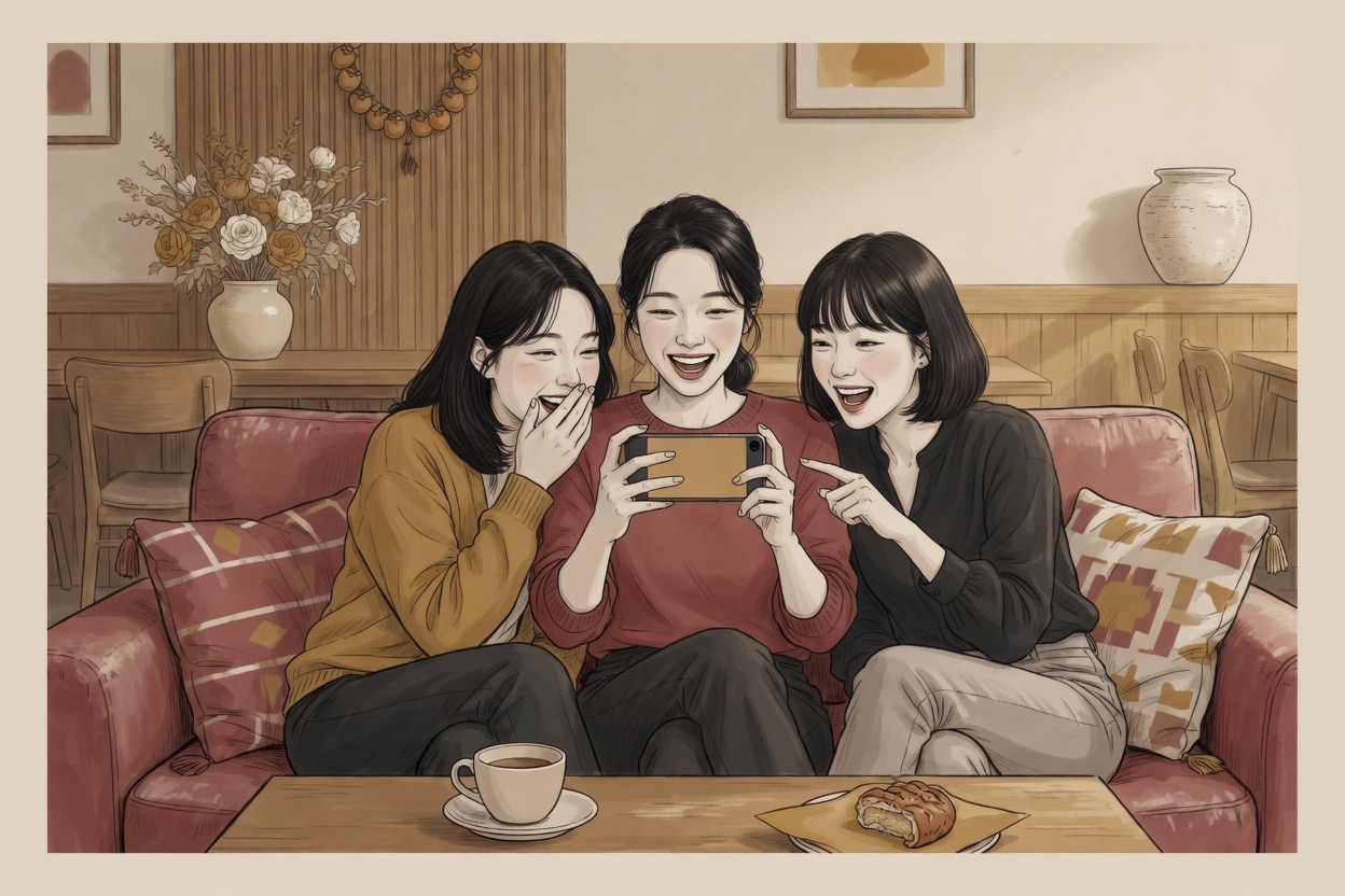 Three Korean friends in their twenties gather around a phone, laughing and reacting to a photo one is holding up