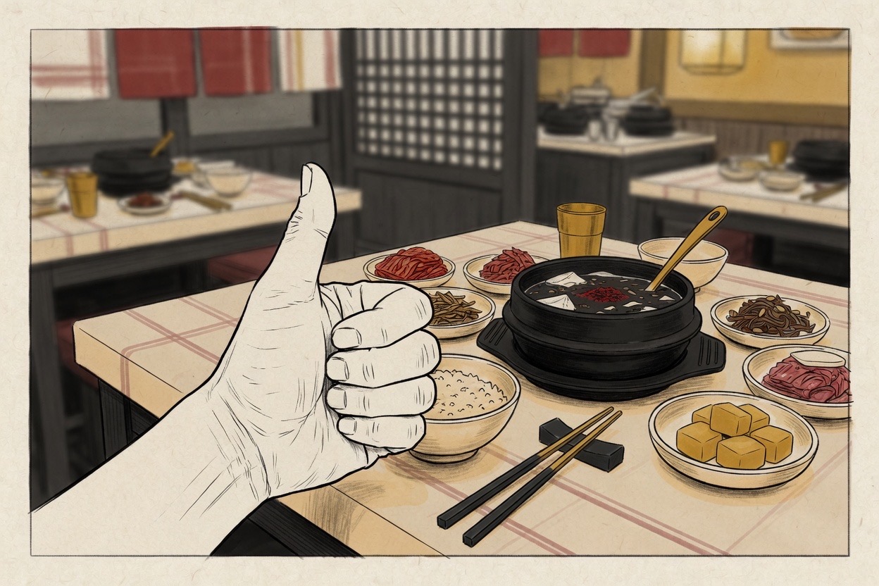 Close view of a Korean adult hand giving a thumbs-up over a shared table of Korean side dishes and main plates