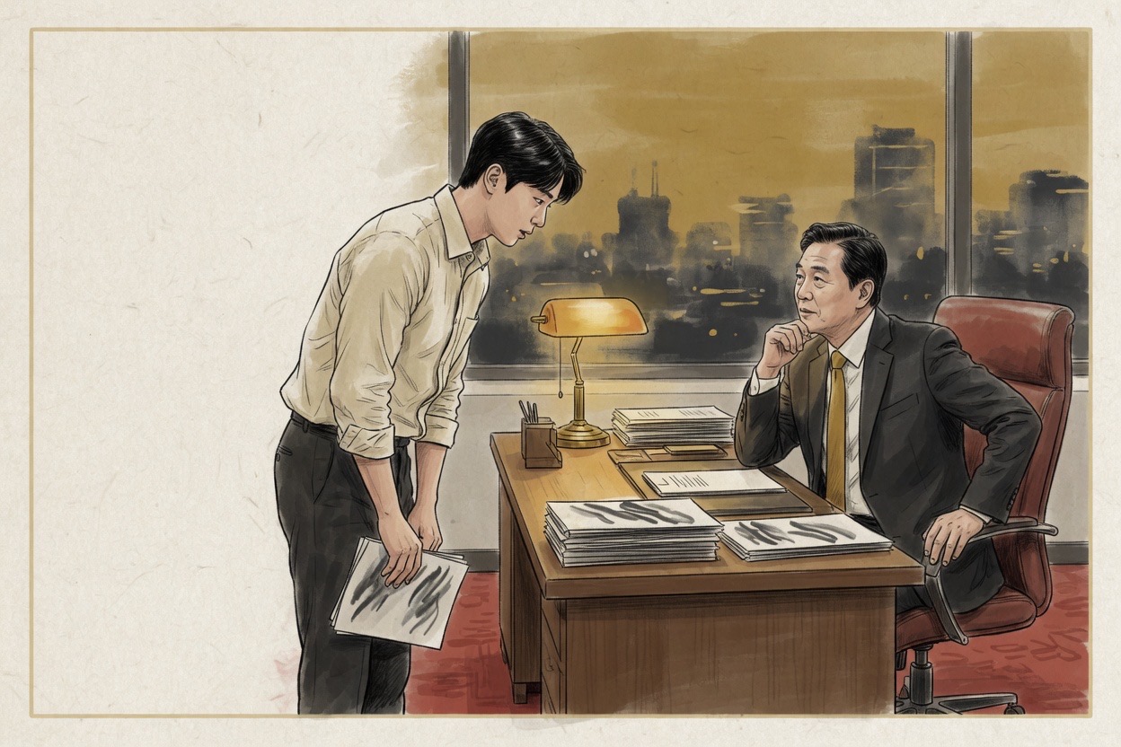 A Korean workplace where a junior in their twenties speaks to a senior in their forties, body language showing the register difference