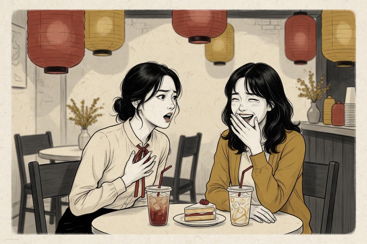 Two Korean friends in their twenties at a cafe, one delivering a line with theatrical intensity while the other laughs at the register mismatch