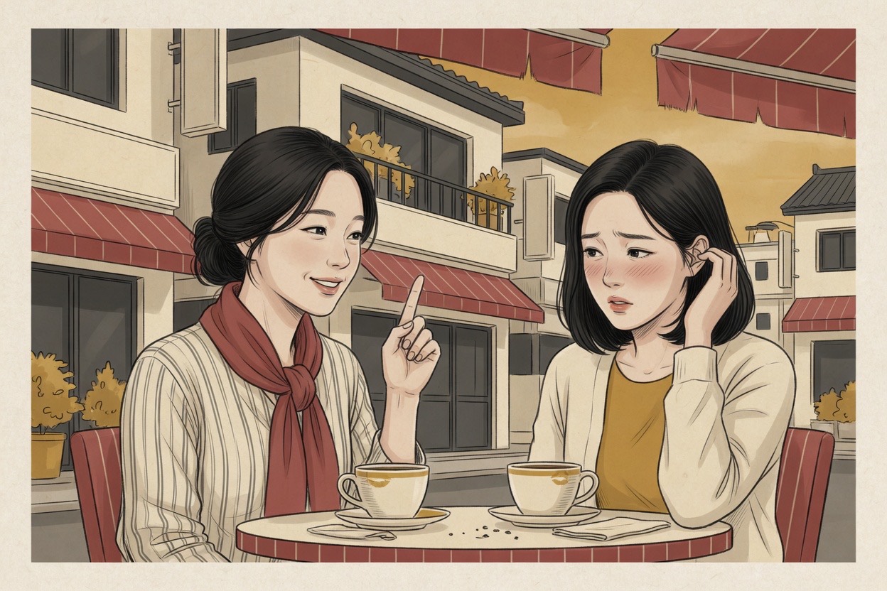 A Korean woman in her late twenties gently corrects a friend, holding up one finger in a not-to-him moment