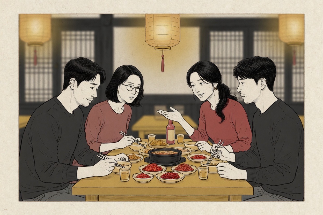At a Korean dinner table, a person in their thirties quietly steers the conversation as another guest looks uncomfortable