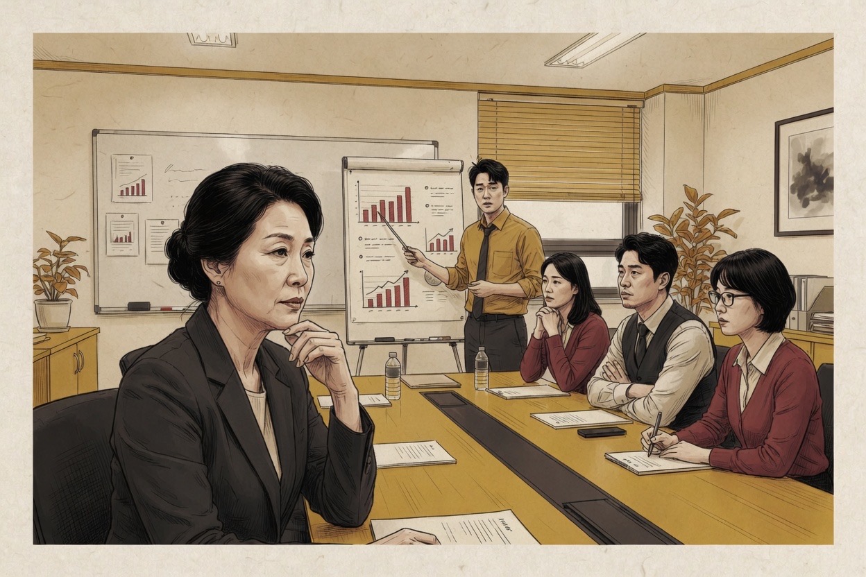 In a Korean meeting room, a manager in her forties pauses thoughtfully before responding to a junior colleague’s presentation