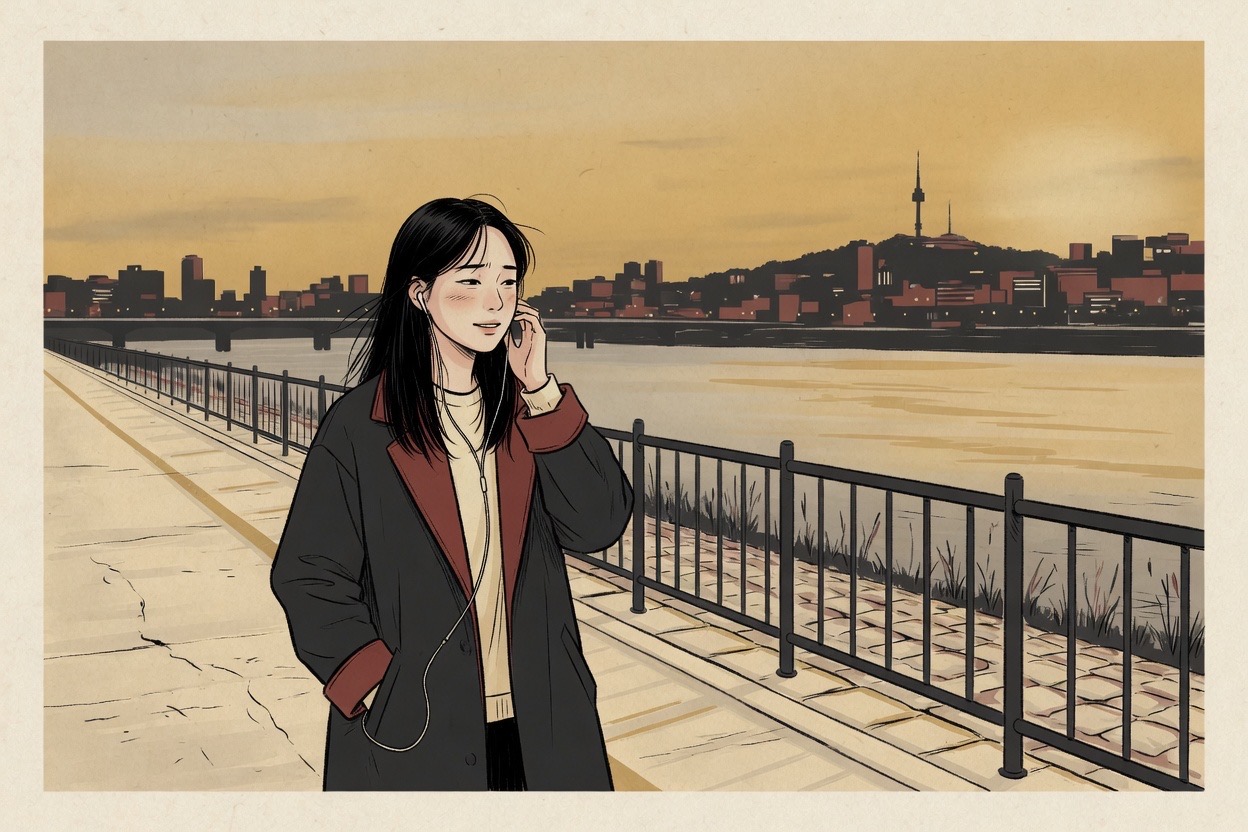 A young Korean woman in her twenties walks alone along a riverside path at sunset with earphones in, her expression beginning to ease