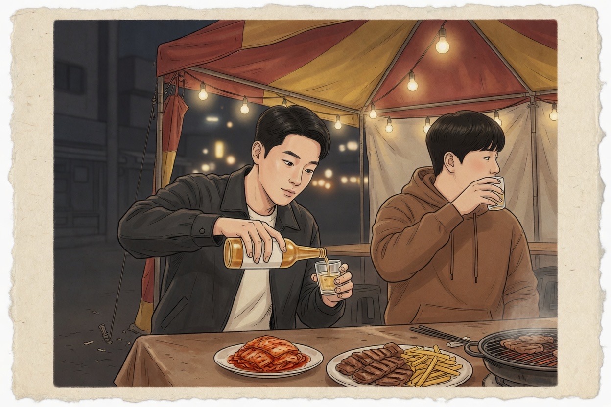 Two Korean men in their late twenties at a pojangmacha tent; one pours soju while the other turns his head aside to drink