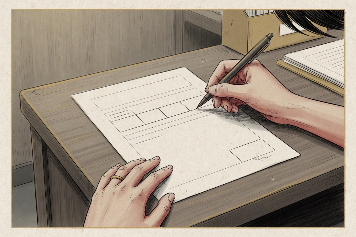 Close view of Korean adult hands filling a paper form at a desk, pen hovering over a date-of-birth field