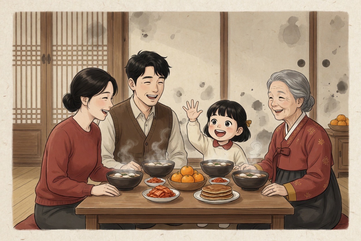 A Korean family at a New Year table with rice cake soup; a child holds up fingers to show a new age while parents smile