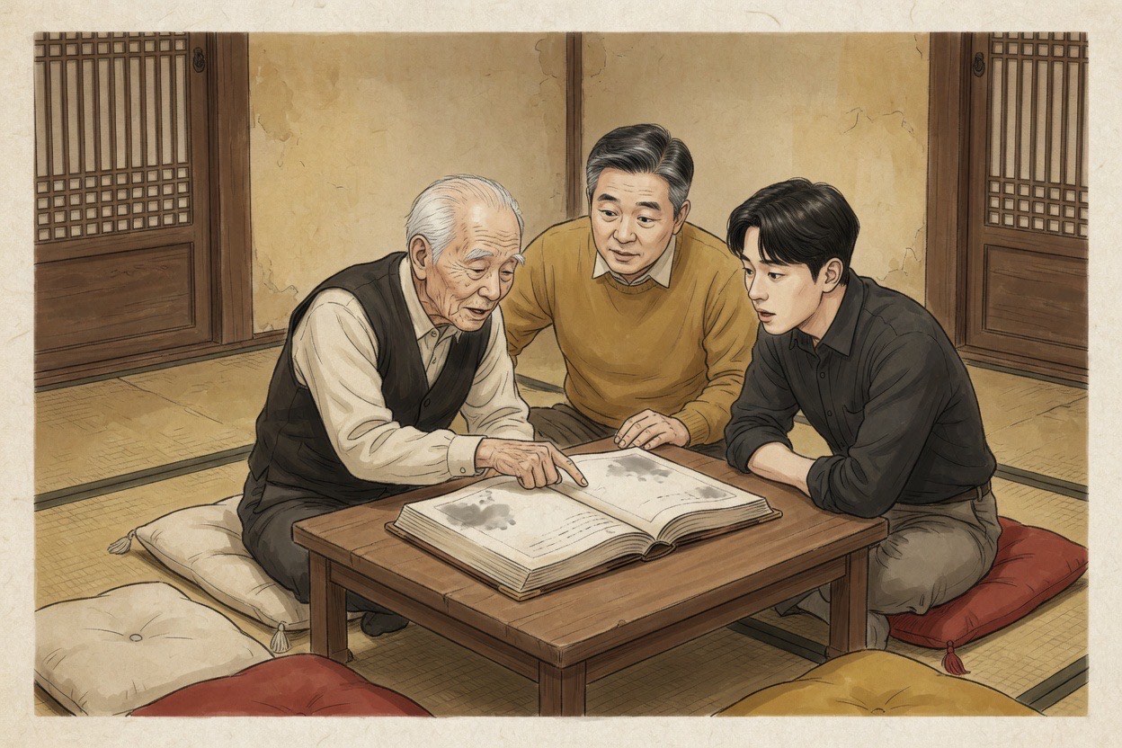 Three generations of Korean men at a family gathering; an elder in his eighties points at a line in a genealogy book while middle-aged and younger men lean in