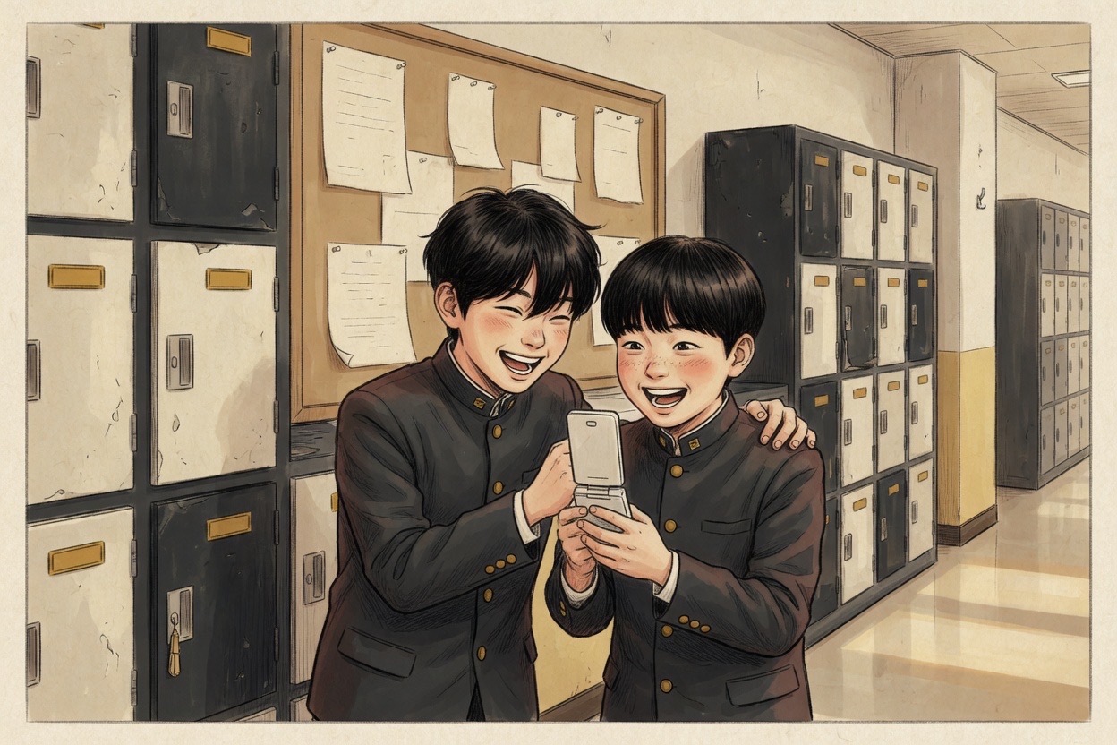 Two Korean middle-school boys in uniform in a school hallway comparing something on a phone and laughing