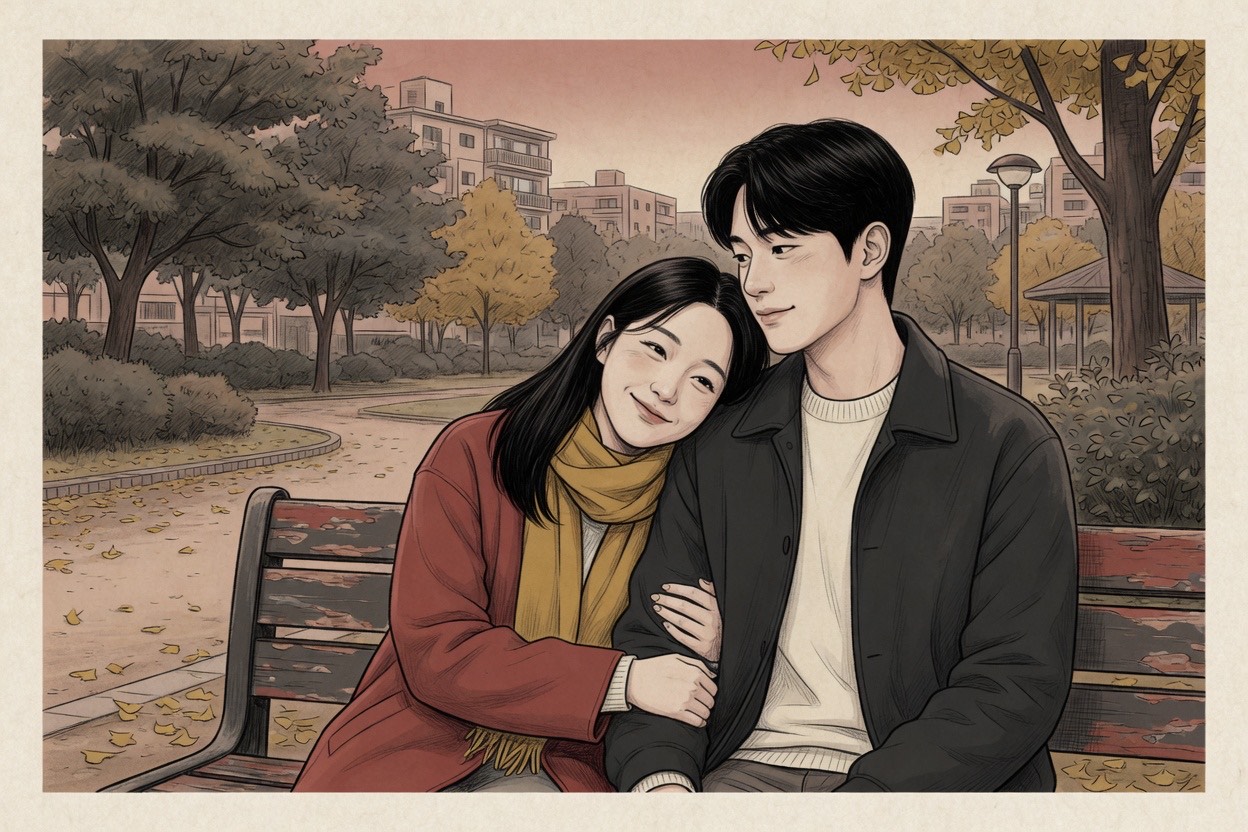 A young Korean couple in their twenties on a park bench, one leaning comfortably on the other’s shoulder