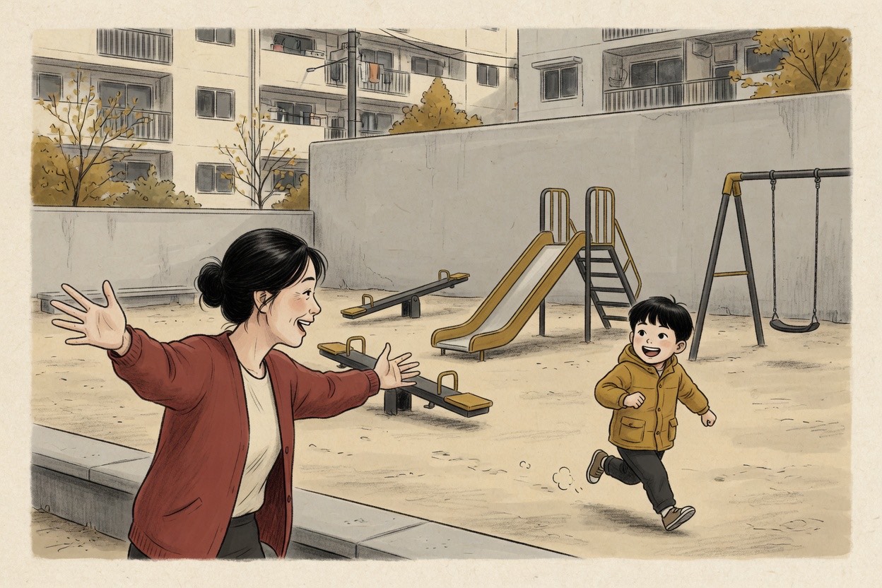 A Korean mother in her forties calls across a playground with arms open toward her child
