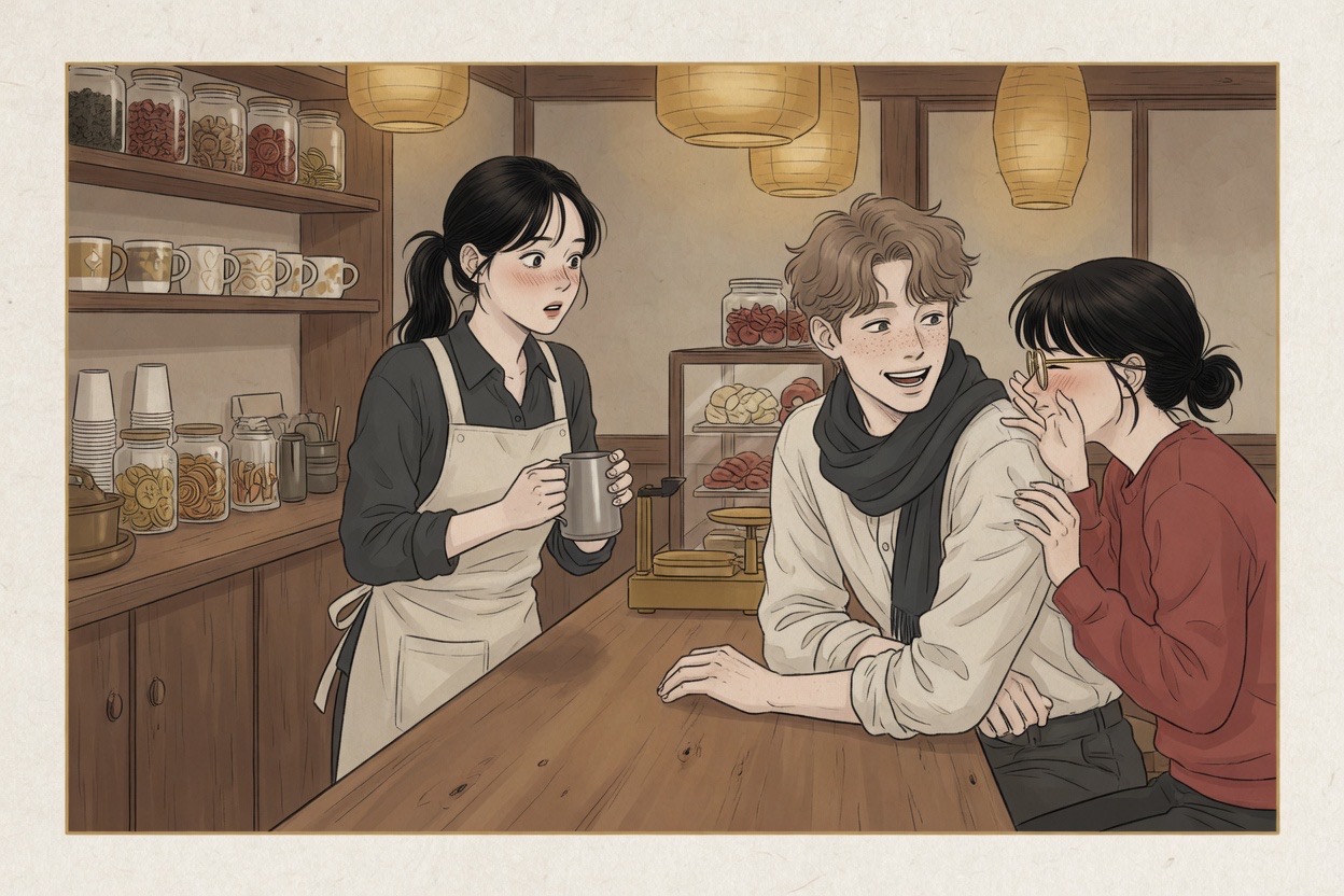 At a Korean cafe, a foreign visitor cheerfully uses a pet name on a startled Korean barista in her twenties while a friend beside the visitor winces