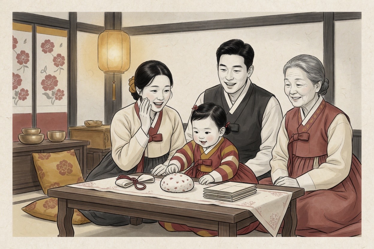 A Korean first-birthday table with a baby in hanbok reaching toward objects while family members in their thirties and sixties watch and smile