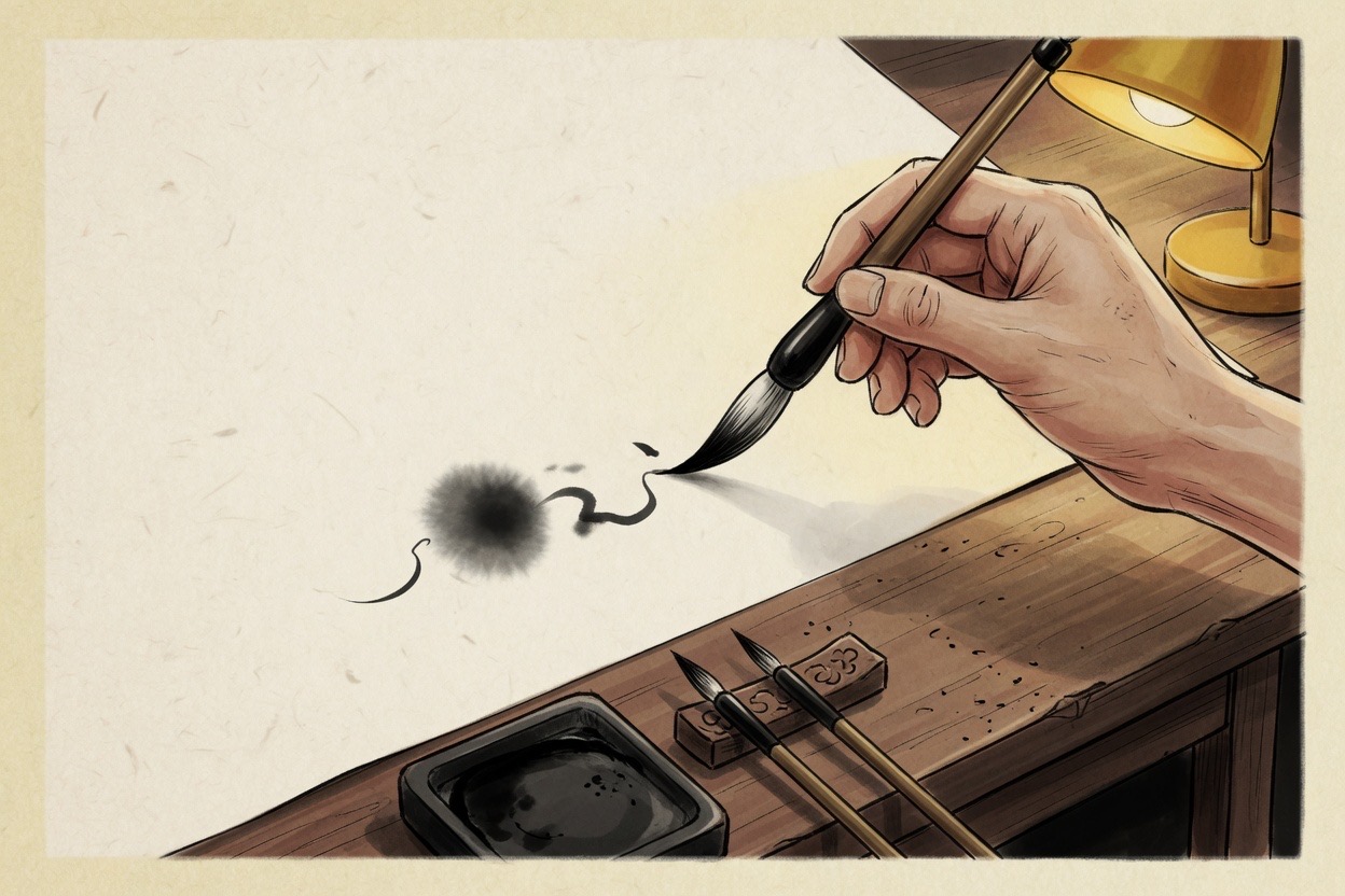 Close view of a Korean adult hand writing Chinese characters with a brush pen on paper at a wooden desk