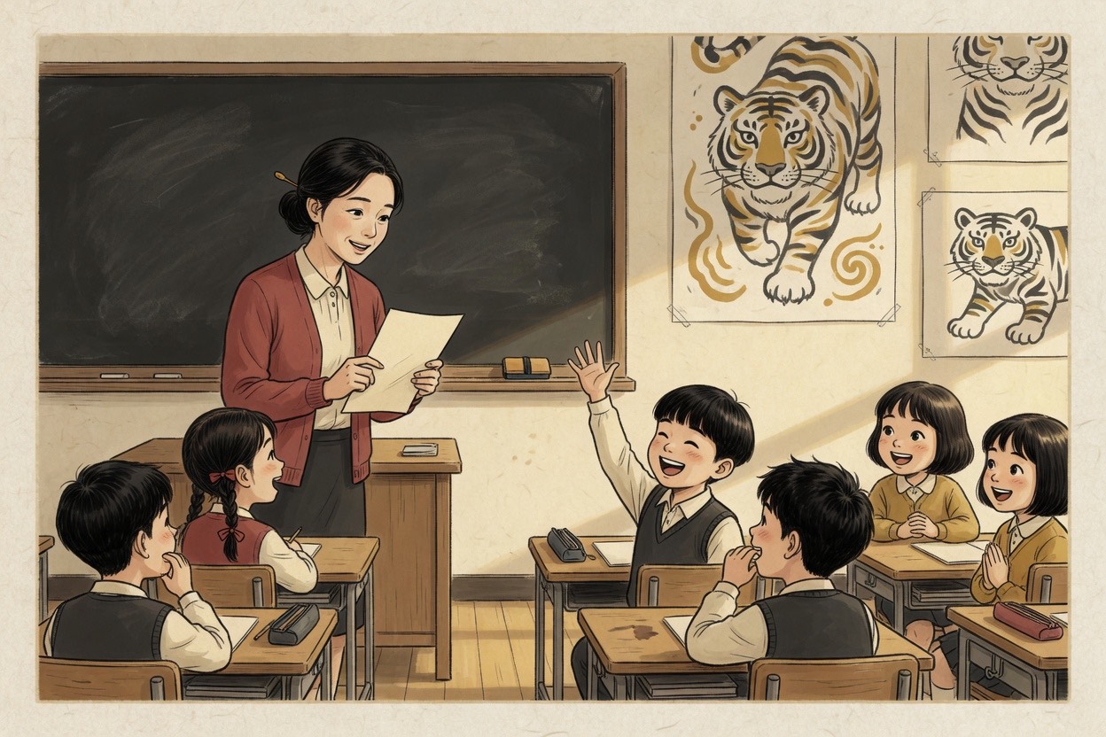 A Korean elementary classroom where a teacher in her thirties reads from a list and a child in the front row raises a hand