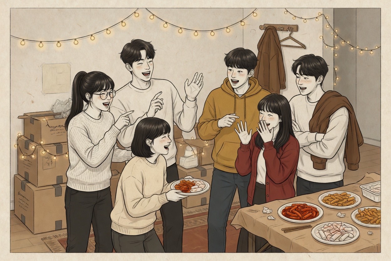 Six young adults in a loose circle at a housewarming, gesturing and laughing as they sort out who is older than whom