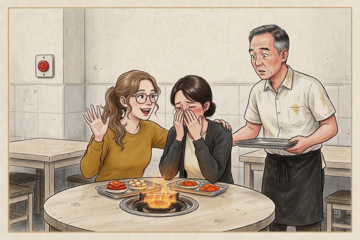 At a restaurant table, a foreign visitor cheerfully uses the wrong title on an older stranger while the stranger looks startled and the friend beside the visitor winces
