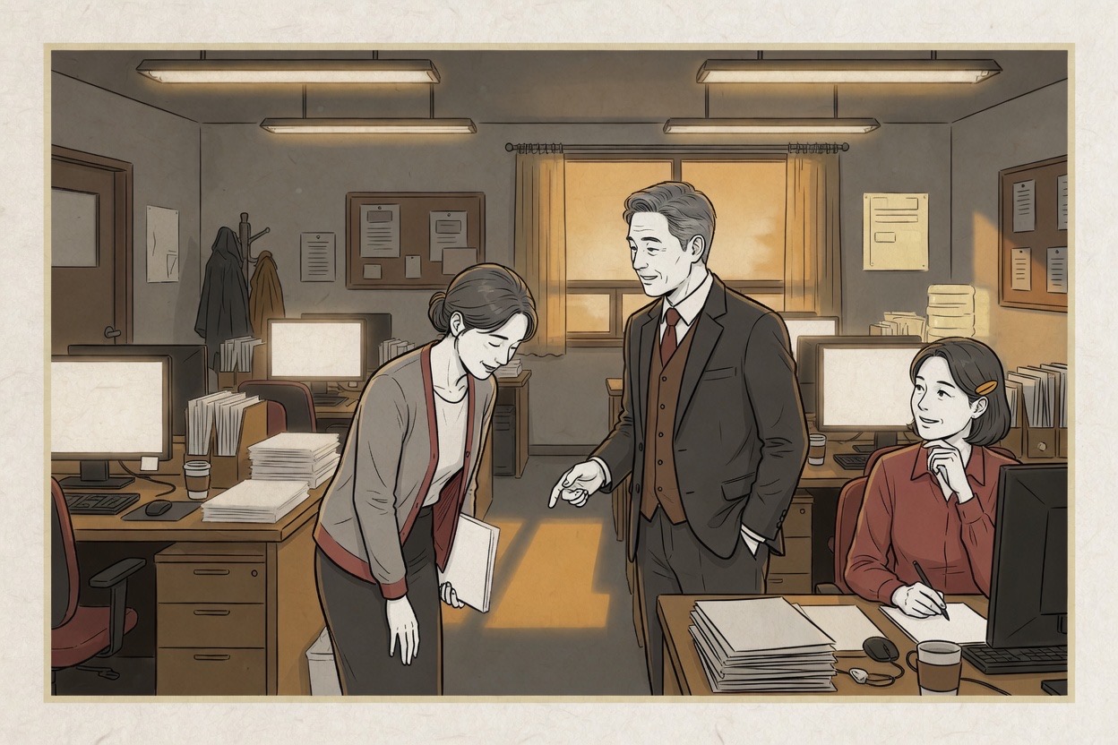 In a Korean office, a junior employee greets a senior colleague with a small bow while a third coworker watches and quietly takes the cue