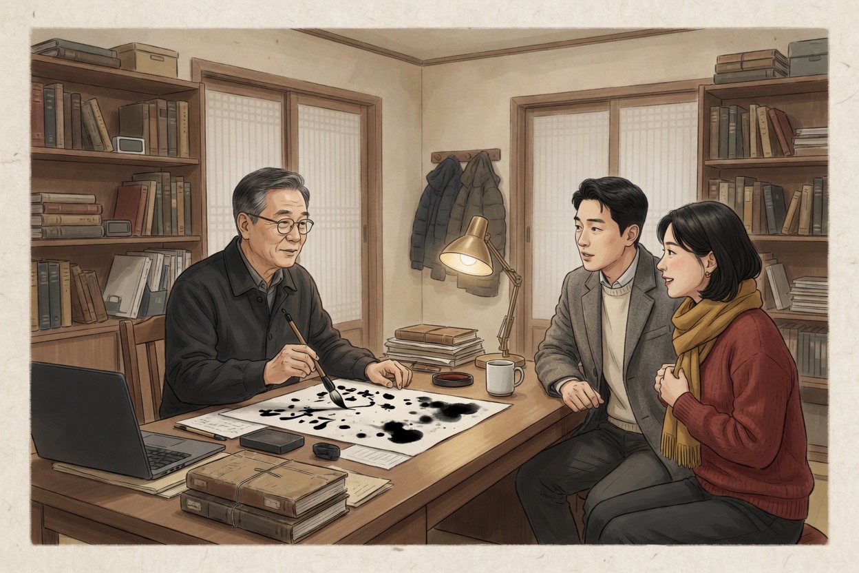 An older Korean man in his sixties at a traditional wooden desk with a brush and stacked books consults with a young couple in their early thirties seated across from him