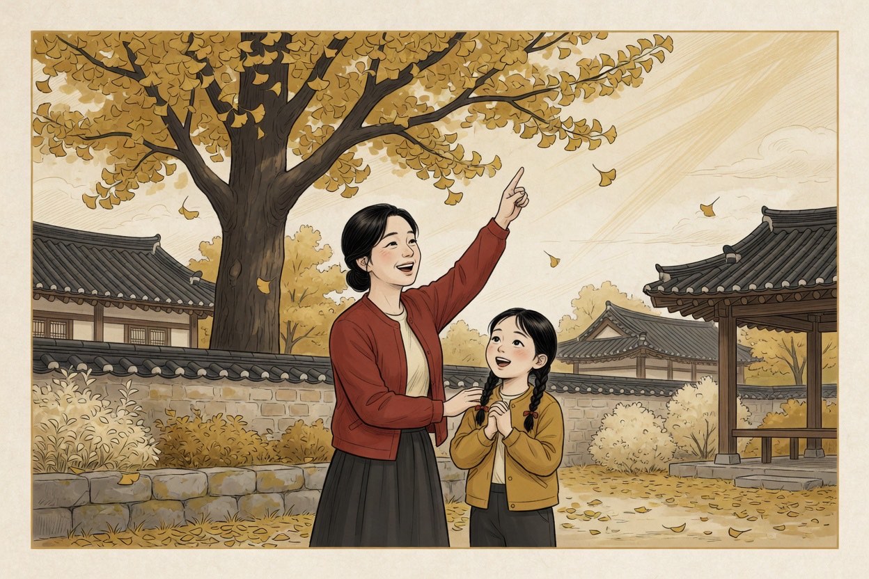 A Korean mother in her thirties and a daughter around six outside on a clear day; the mother points up at the sky while the child looks up