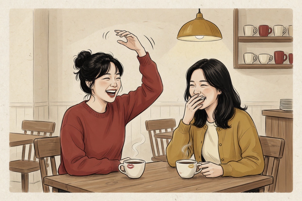 Two Korean women in their twenties laugh in a café after realizing they share the same-sounding name but different characters; one gestures as if drawing a character in the air