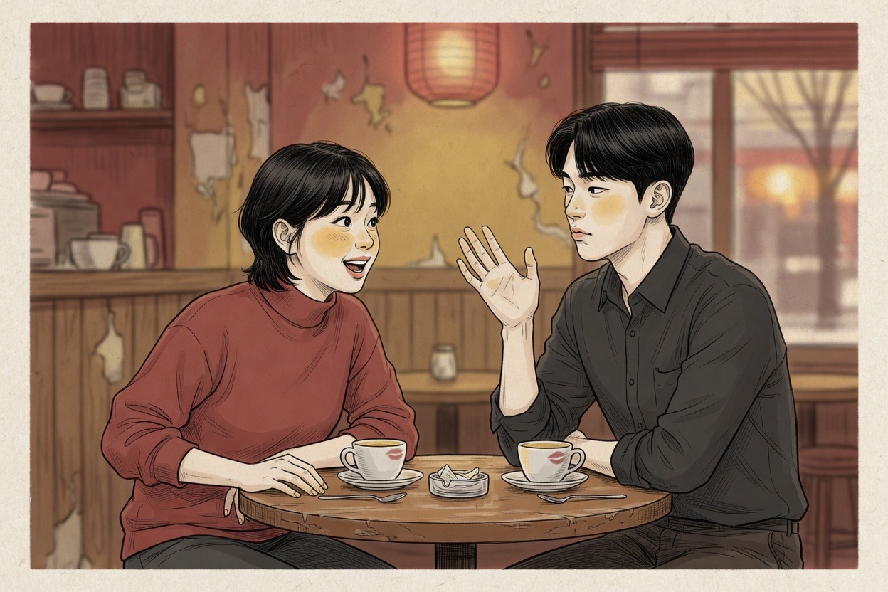 Two Korean friends in their late twenties at a table, one saying a name out loud while the other listens critically with a hand raised in a wait-say-that-again gesture