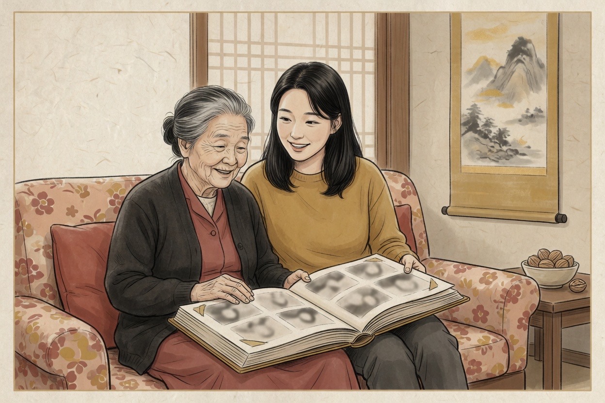 A Korean grandmother in her seventies and a granddaughter in her twenties smile together over an old family photo album with only abstract marks visible on the pages