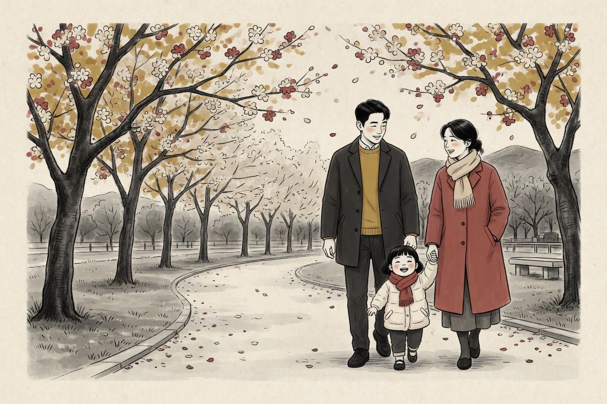 A Korean couple in their thirties walk a tree-lined spring path with a small child around four, soft blossoms overhead in cream and muted brick red