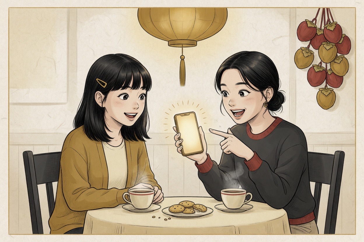 Two Korean friends in their twenties at a café, one pointing at the other’s phone and explaining with an animated gesture