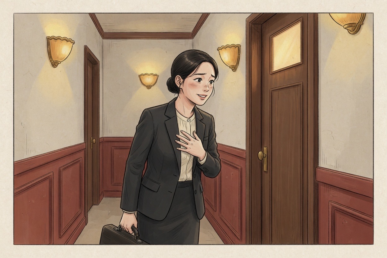 A Korean woman in her mid-twenties waits outside an interview room with her hand over her chest, nervous under warm hallway light