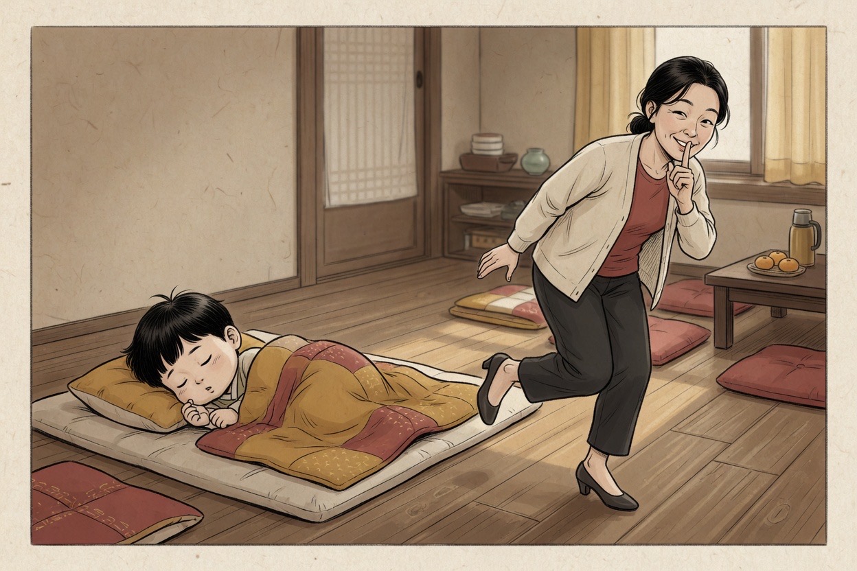 A Korean parent in their thirties playfully tiptoes toward a sleeping child about four years old in a warm home interior